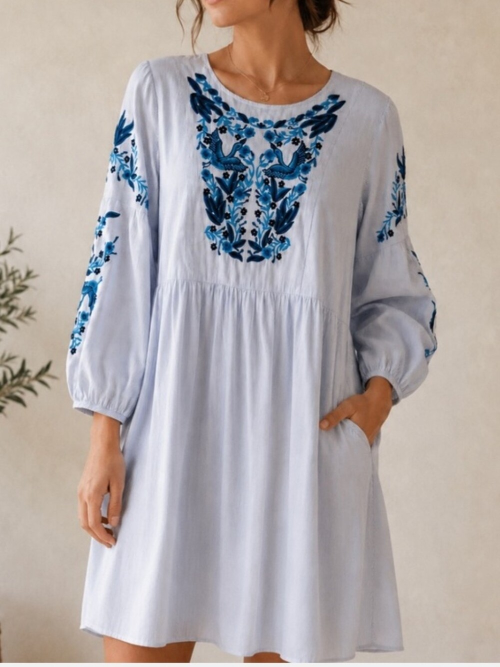 Light Blue Embroidered Boho Dress with Blue Floral Accents